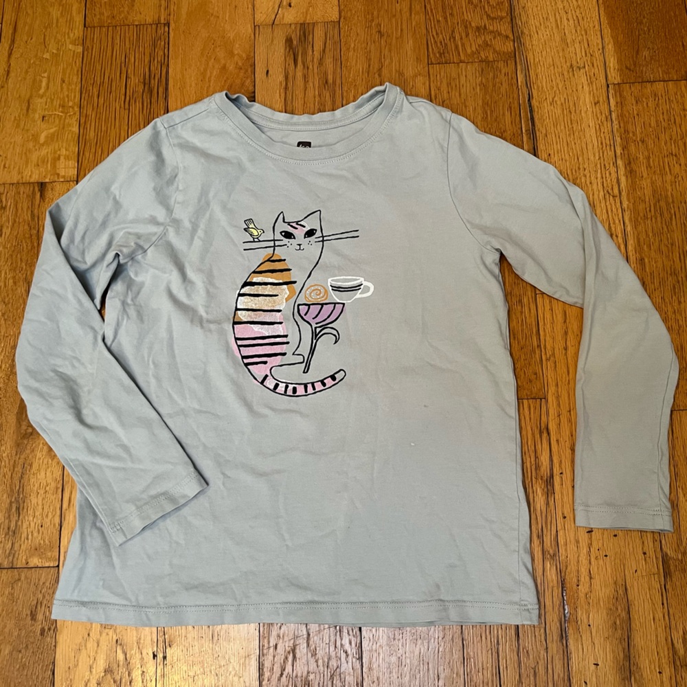Tea Collection Light Blue Long Sleeve Tee with Cat and Coffee Graphic